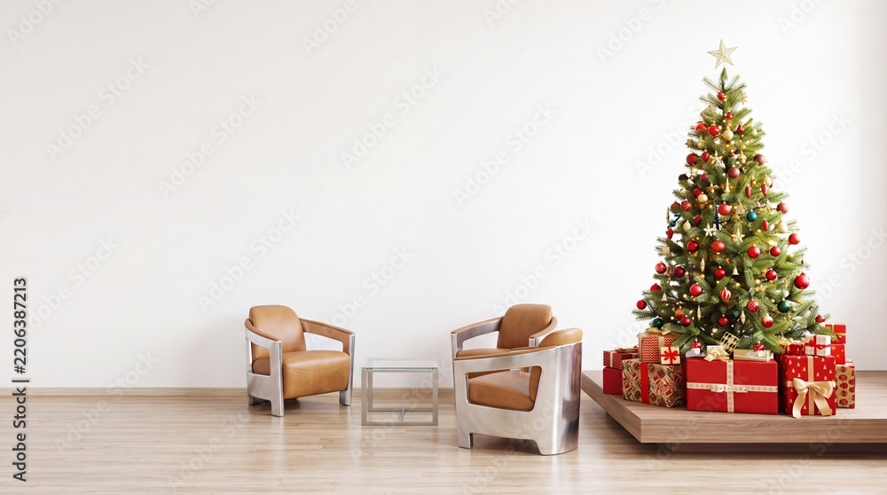 Obraz premium Modern Living Room Interior with Decorated Christmas Tree, Festive Gift Boxes, and Elegant Leather Armchairs against a Minimalist White Wall Background