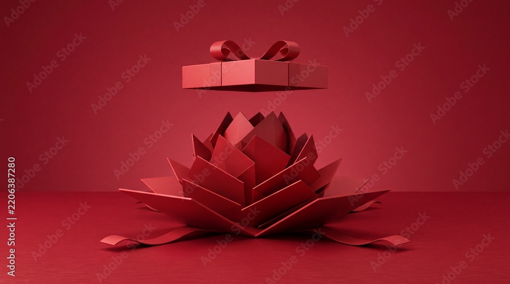 Obraz premium Monochromatic Red Surprise Gift Box Unfolding Like a Lotus Flower with Floating Lid and Ribbon, Elegant Concept for Celebration, Valentine's Day, Christmas, and Special Holiday Occasions