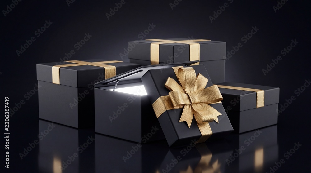Obraz premium Luxury Black Gift Boxes with Elegant Golden Ribbons and Bows on Dark Surface, One Open Box with Bright Glowing Light From Inside, Concept for Mystery Surprise, Premium Rewards, and Holiday
