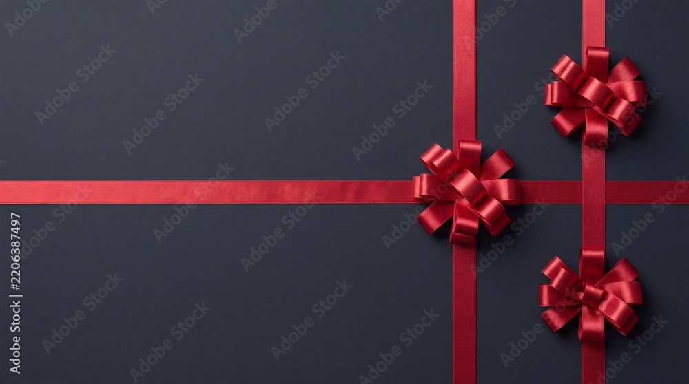 Obraz premium Elegant Red Satin Ribbons and Three Bows Arranged on a Dark Black Background, Top View Flat Lay Composition for Gift Wrapping, Christmas, Valentine's Day, Anniversary, or Luxury Celebration Concept.