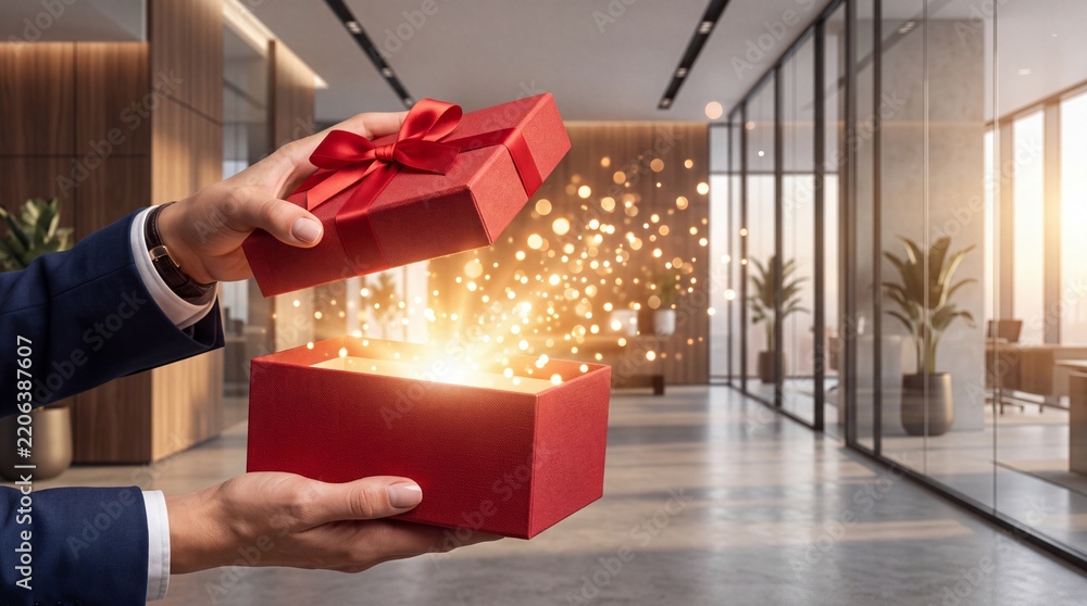 Obraz premium Professional businessman in a suit opening a red gift box with glowing light and magic sparkles inside a modern office interior, concept of corporate rewards, employee appreciation and success.