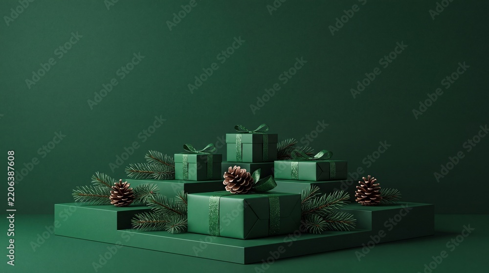 Obraz premium Elegant Monochromatic Green Christmas Display Featuring Luxury Gift Boxes Wrapped in Ribbons with Pine Cones and Evergreen Branches on a Tiered Podium for Winter Holiday Celebration and Marketing
