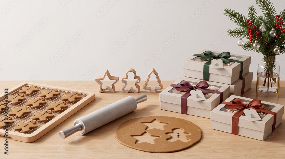 Obraz premium Christmas Holiday Baking Concept with Homemade Gingerbread Cookies on a Cooling Rack, Raw Dough, Cookie Cutters, and Wrapped Gift Boxes with Ribbons on a Wooden Table for Seasonal Celebration
