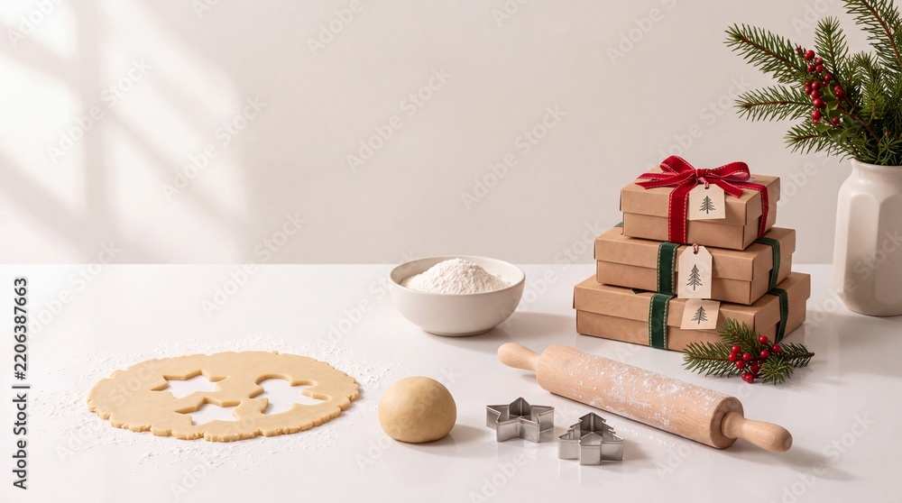 Obraz premium Festive Christmas baking scene featuring gingerbread dough with cutouts, rolling pin, flour, and stacked brown gift boxes with ribbons on a clean white table for holiday food preparation.