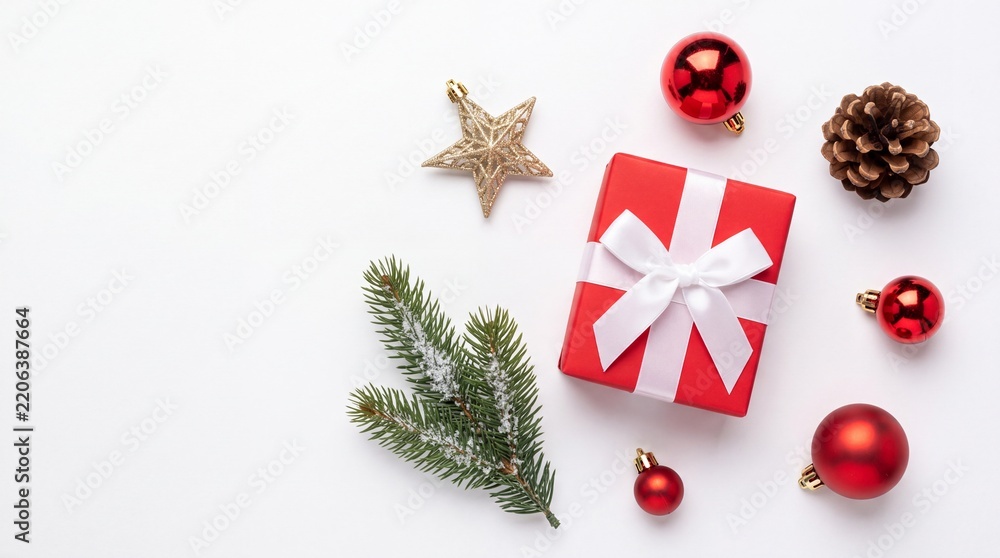 Obraz premium Festive flat lay composition featuring a red gift box with white ribbon bow surrounded by Christmas ornaments, red baubles, golden star, pine cone, and fir branch on a clean white background.