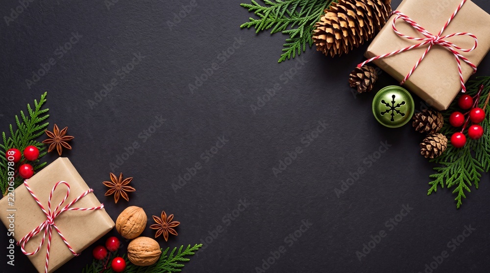 Obraz premium Festive Christmas Holiday Flat Lay Composition with Gift Boxes in Craft Paper, Pine Branches, Cones, Walnuts, Star Anise, and Red Berries on Dark Textured Background with Copyspace for Greeting Text