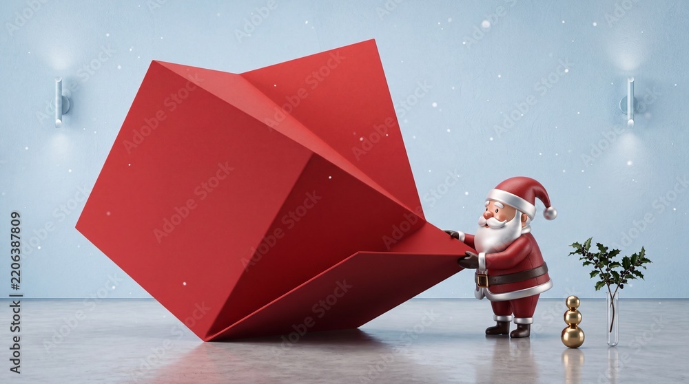 Obraz premium 3D Render Illustration of a Cute Miniature Santa Claus Character Holding and Opening a Giant Red Abstract Geometric Shape or Modern Gift Box in a Minimalist Room with Falling Snow and Decorations