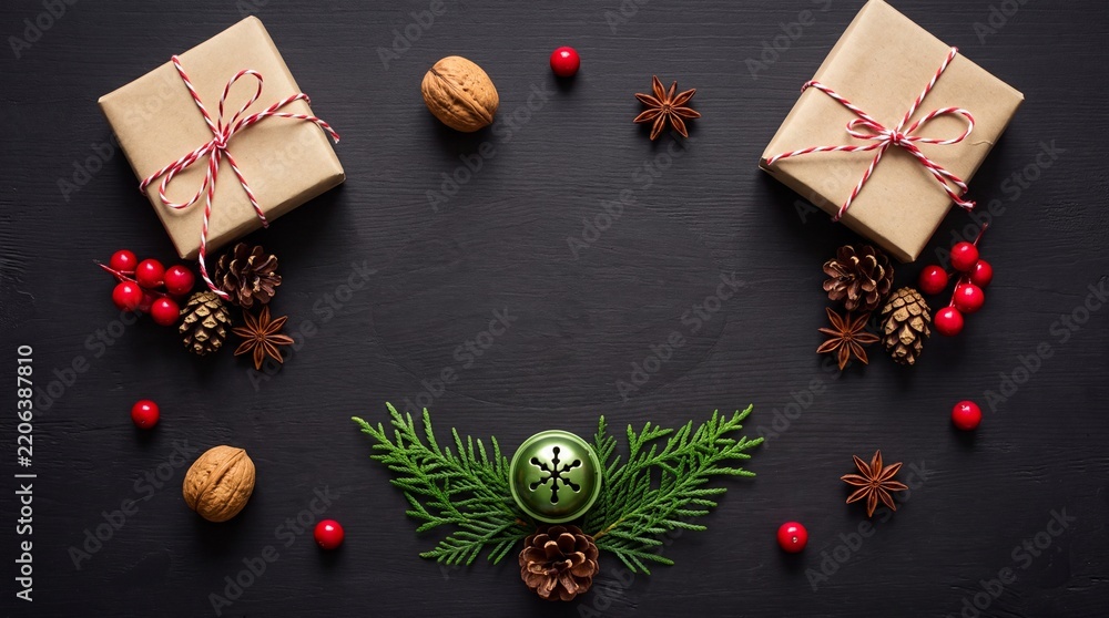 Obraz premium Top view of a cozy Christmas atmosphere flat lay featuring rustic wrapped gift boxes, red berries, star anise, pine cones, and green cedar branches on a dark black wooden table with copy space.