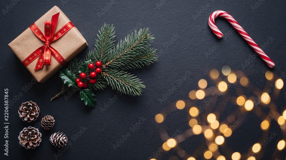 Obraz premium Christmas Composition with Gift Box, Fir Branch, Red Holly Berries, Pine Cones, and Candy Cane on Dark Textured Background with Golden Bokeh Lights, Elegant Festive Holiday Atmosphere Flat Lay