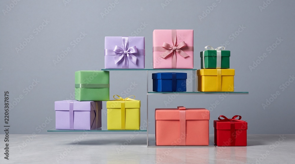 Obraz premium A clean composition of various colorful gift boxes with elegant ribbons and bows neatly arranged on modern transparent glass shelves against a neutral grey studio background, ideal for holidays.