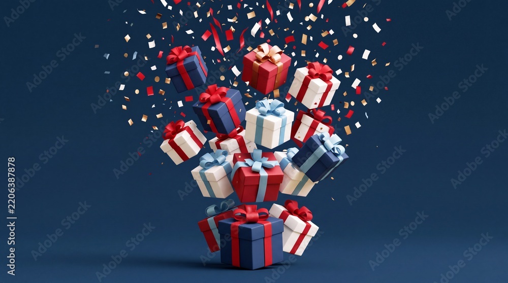 Obraz premium Dynamic Explosion of Colorful Gift Boxes with Confetti and Ribbons on Dark Blue Background for Holiday Celebration, Christmas Sale, and Special Occasion Promotion Concept