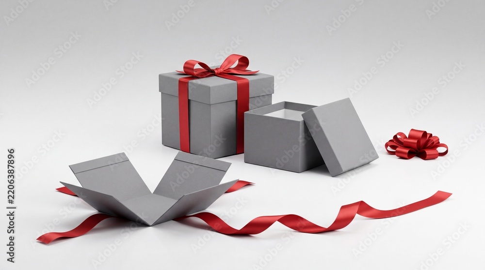 Obraz premium Elegant Set of Grey Gift Boxes with Red Satin Ribbons in Various States including Closed, Opened, and Unfolded Flat Template on Minimalist White Studio Background for Holiday and Corporate Giving