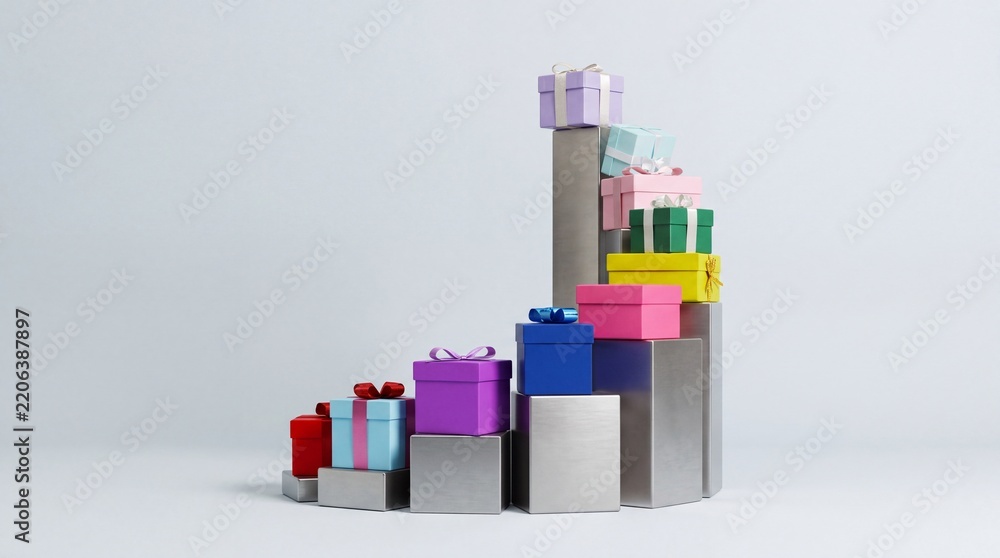 Obraz premium Conceptual business growth represented by colorful gift boxes stacked on metallic pedestals in an ascending bar graph format, symbolizing financial profit, seasonal sales success and bonuses.