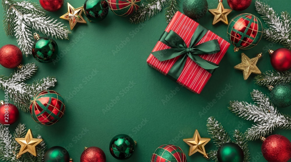 Obraz premium Christmas flat lay composition with red gift box, festive ornaments, golden stars, and snowy pine branches on green background, top view with copy space for seasonal holiday text.
