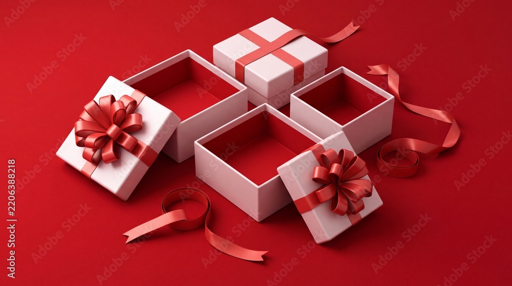 Obraz premium High Angle View of Multiple Elegant White Gift Boxes with Red Satin Ribbons and Bows, Some Open to Reveal Red Interiors, Set Against a Vibrant Red Background for Holiday and Festive Celebrations