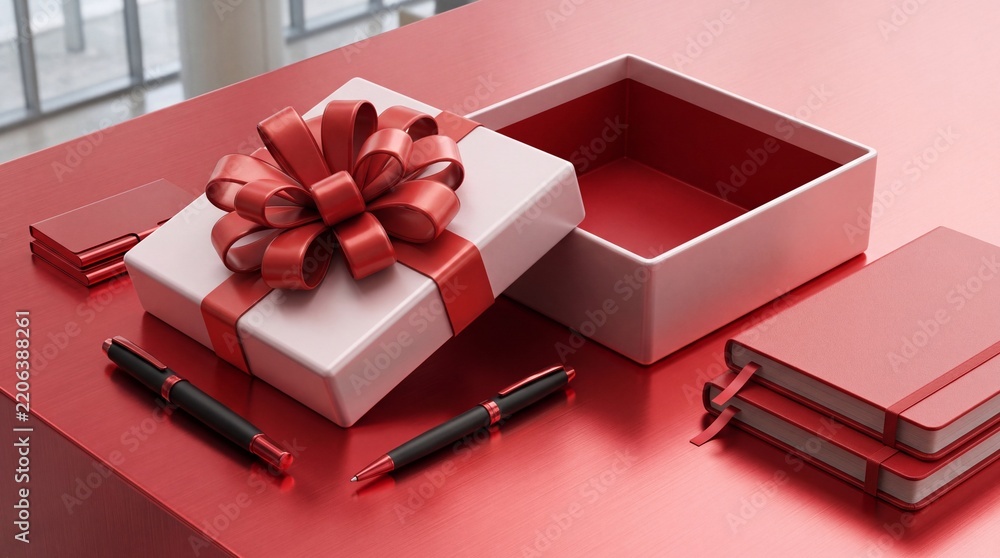Obraz premium Luxury Corporate Gift Set with Elegant Red and White Gift Box Featuring a Large Ribbon Bow Open Empty Box Stylish Pens and Journals Arranged on a Red Metallic Surface for Business Rewards or Holidays