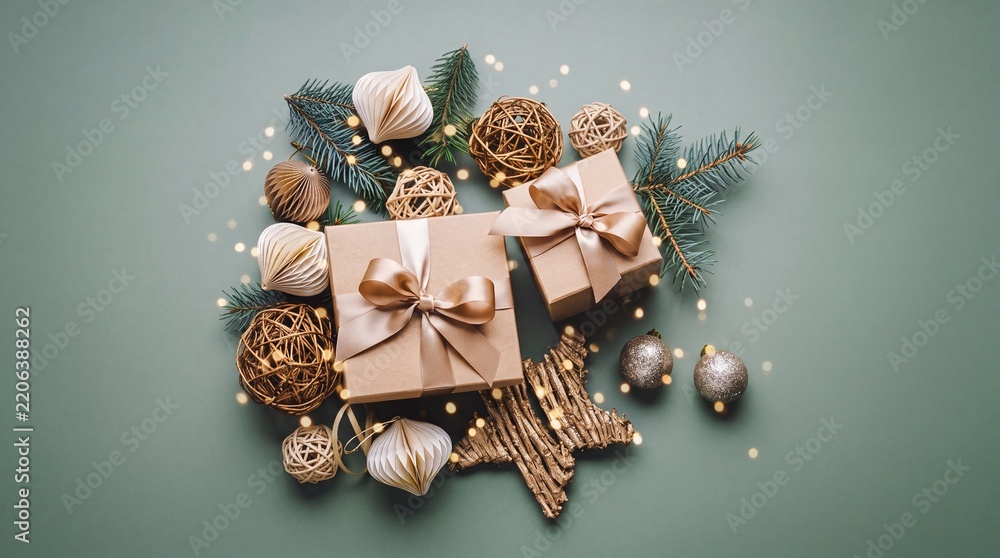 Obraz premium Elegant Christmas Gift Boxes with Beige Silk Ribbons, Pine Branches, Ornaments, and Sparkling Bokeh Lights on Green Background, Festive Holiday Greeting Card Concept with Copy Space
