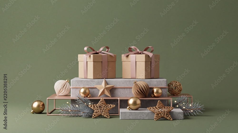 Obraz premium Elegant Christmas Composition with Two Craft Paper Gift Boxes on Concrete Podiums Decorated with Golden Ornaments Stars Baubles and Pine Branches Against a Muted Green Studio Background
