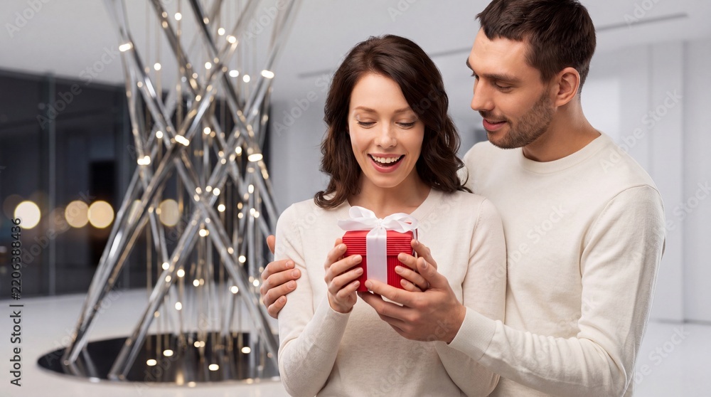 Obraz premium Happy Young Romantic Couple Celebrating Anniversary or Valentine's Day with a Red Gift Box Surprise in a Modern Elegant Interior, Smiling Woman Receiving Present from Her Loving Partner.