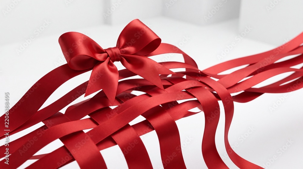 Obraz premium Elegant red satin ribbon with a decorative bow woven into an intricate mesh pattern on a clean white studio background, suitable for festive celebrations, luxury gift wrapping, and holiday cards.