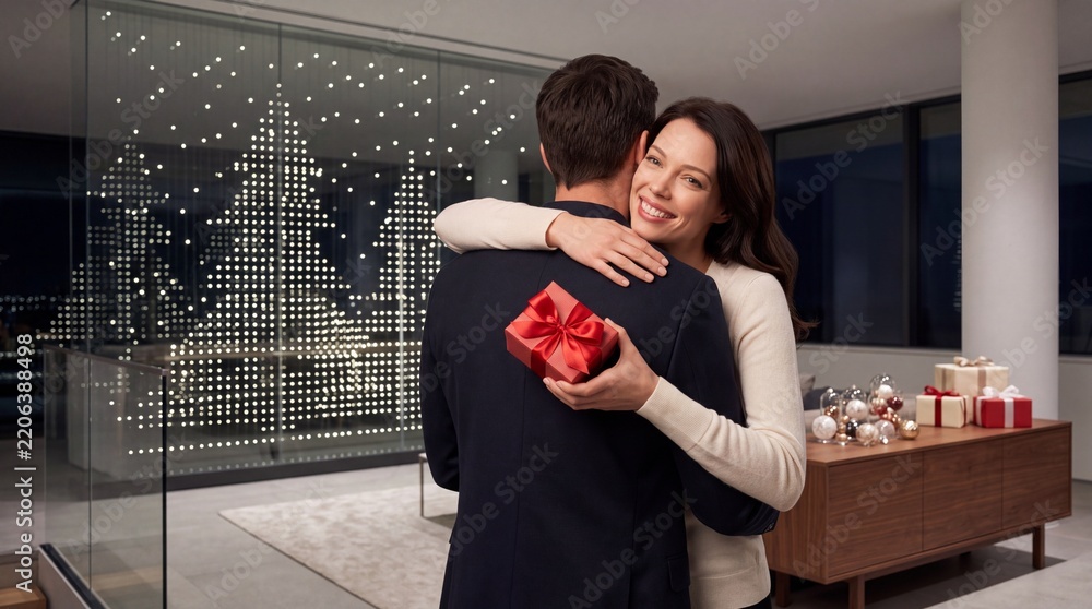 Obraz premium Happy Young Woman Smiling While Hugging Her Partner and Holding a Small Red Gift Box with Ribbon in a Modern Minimalist Living Room Decorated with Festive Christmas Lights and Holiday Presents