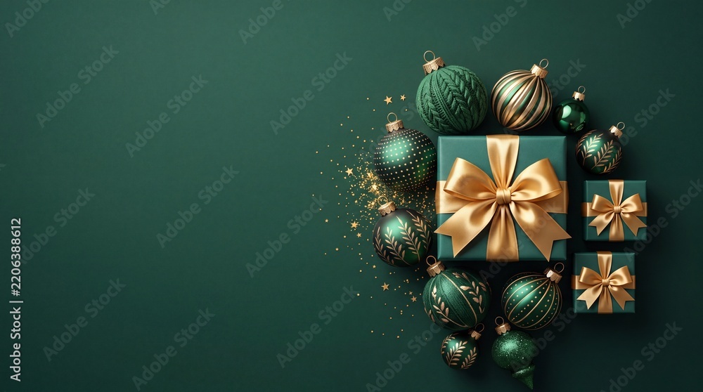 Obraz premium Elegant Green and Gold Christmas Background with Wrapped Gift Boxes, Golden Ribbons, Festive Baubles, and Glitter Ornaments on Dark Emerald Backdrop with Copy Space for Holiday Celebration.