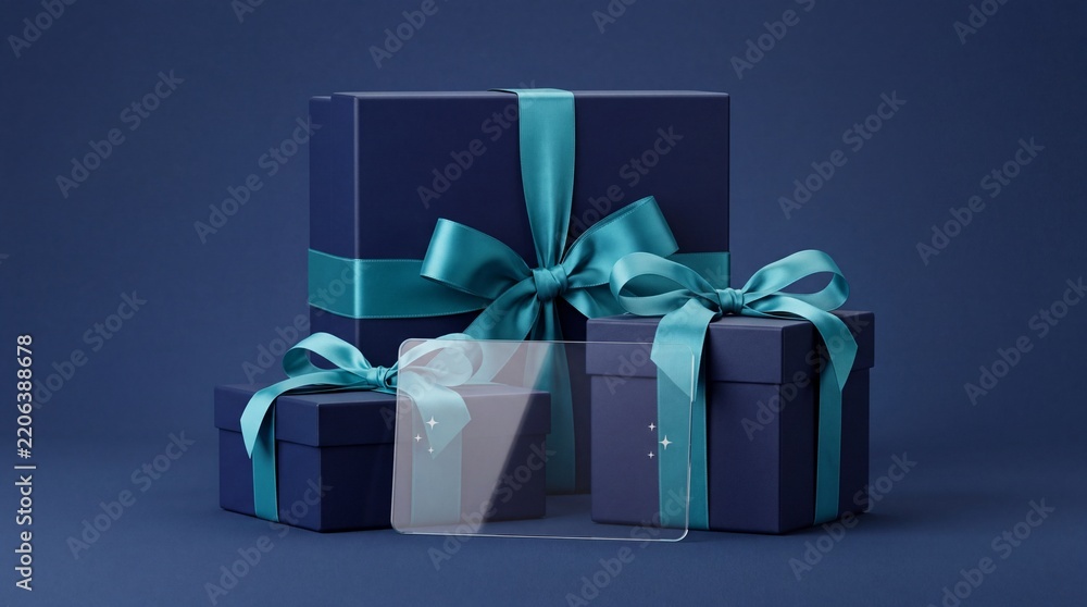 Obraz premium Group of Elegant Dark Blue Gift Boxes with Teal Silk Ribbons and a Blank Transparent Bank Card or Gift Card Mockup on Matching Blue Background for Festive Shopping and Financial Credit Concept