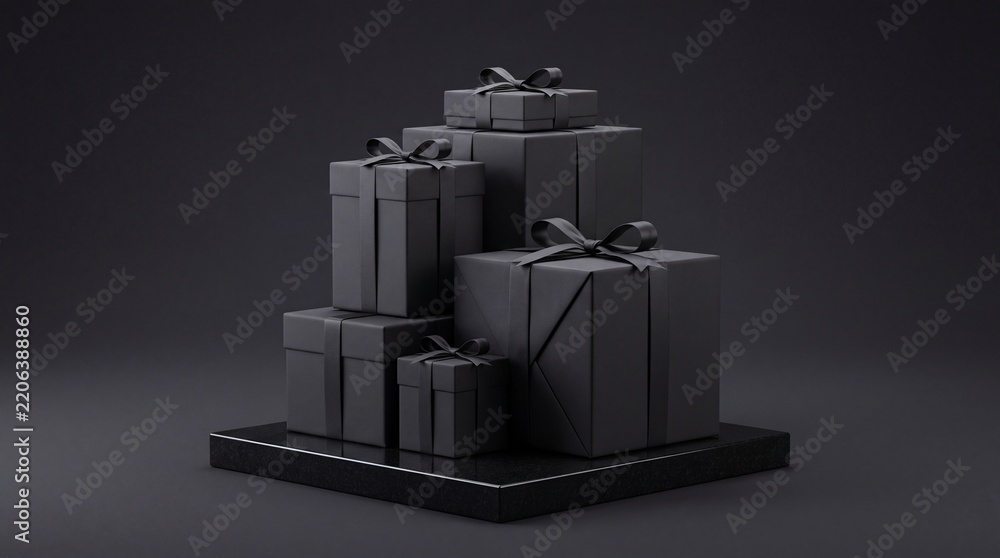 Obraz premium Elegant Stack of Luxury Matte Black Gift Boxes with Ribbons and Bows Arranged on a Dark Marble Platform against a Minimalist Black Background, Perfect for Black Friday Sales or Sophisticated Branding