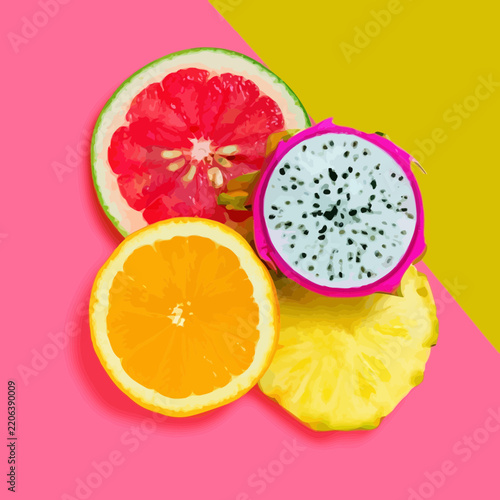 Brightly colored tropical fruit slices arranged on a vibrant background
