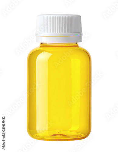Yellow medicine bottle with a white plastic cap containing liquid vitamin supplement or pharmaceutical syrup for health and wellness 