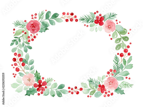 Watercolor floral frame with pink flowers red berries and greenery