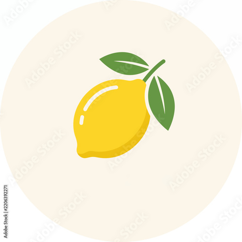 Fresh yellow lemon fruit with green leaves flat vector icon on circle background