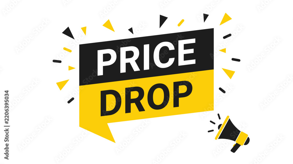 Fototapeta premium Price drop promotion sign with mega phone announcement banner and yellow black color scheme