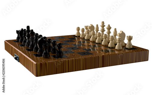 Portable travel chess set with compact board and magnetic pieces, designed for convenience and strategy on the go, durable and lightweight for easy play anywhere. 3D Render.