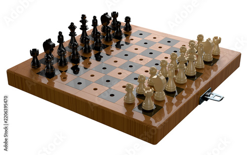 Portable travel chess set with compact board and magnetic pieces, designed for convenience and strategy on the go, durable and lightweight for easy play anywhere. 3D Render.