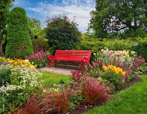 vibrant summer garden with blooming flowers and red bench