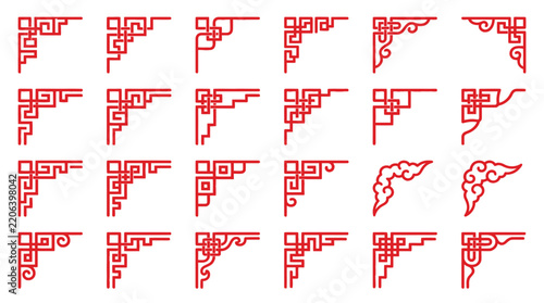 Chinese traditional red corner frames set collection with geometric and ornate decorative line art vectors