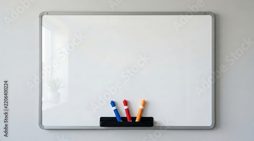 Whiteboard with colorful markers on a wall, blank surface for office presentation, business communication template with copy space, minimalist studio photography