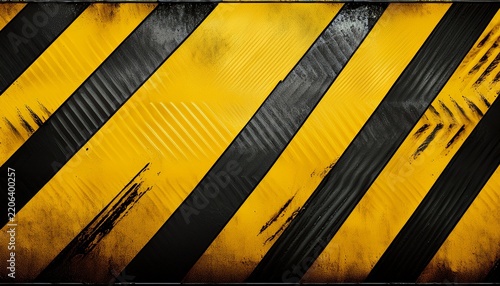 yellow hazard diamond plate metal background with black caution stripes grunge texture and empty copy space useful for safety industrial construction banner and poster design