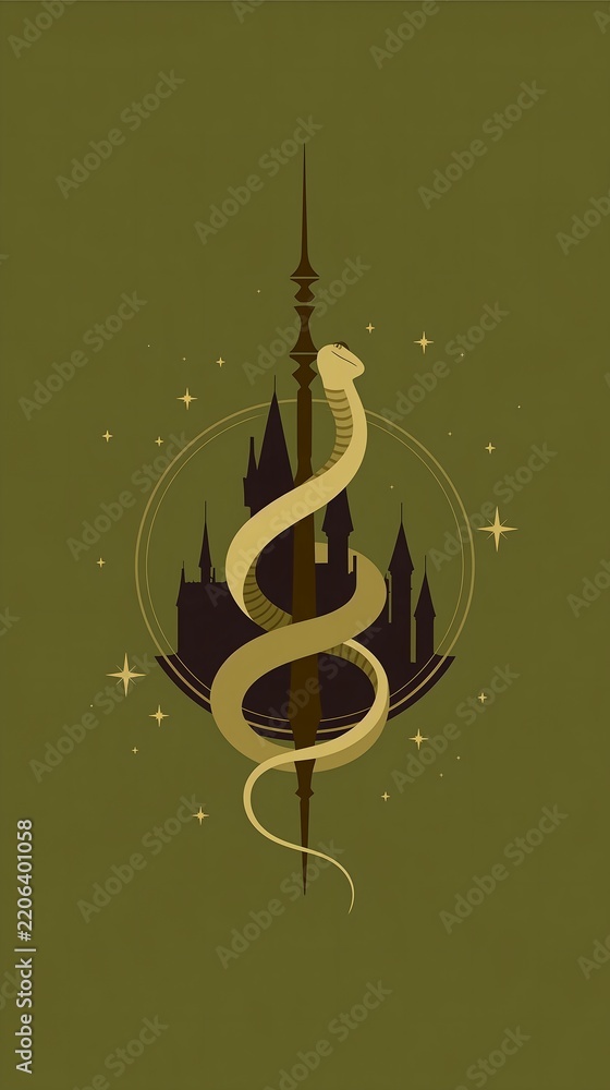 Fototapeta premium Golden Serpent Coiled Around Dark Wizard Spire, Fantasy Castle Silhouette and Sparkling Stars, Minimal Emblem on Olive Green for Poster, Shirt and Cover Art