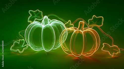 Abstract glowing neon wireframe pumpkins with green and orange lights and leaves, magical autumn halloween seasonal overlay element