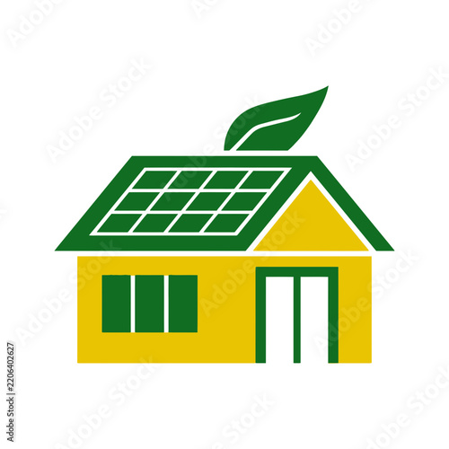 Yellow house with green solar panels and leaf symbol