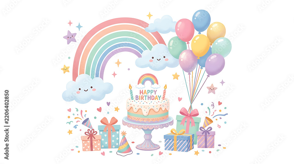 Obraz premium Cute Pastel Kids Happy Birthday Illustration with Rainbow, Smiling Clouds, Cake on Stand, Gift Boxes, and Balloons Isolated on White Background