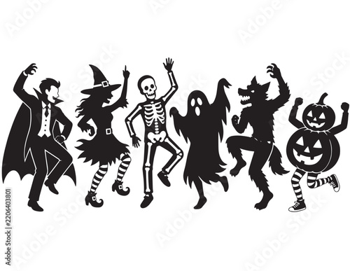 Group of diverse halloween characters dancing together in a fun silhouette vector design