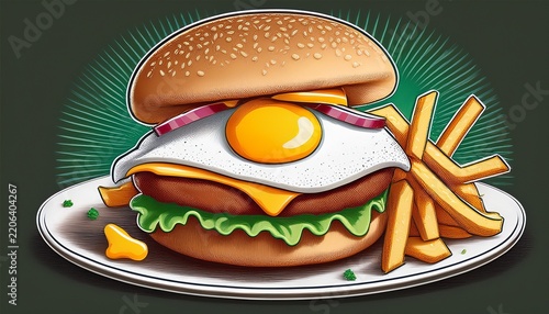 juicy gourmet hamburger with fried egg cheese and french fries