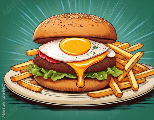gourmet hamburger with fried egg melted cheese and french fries