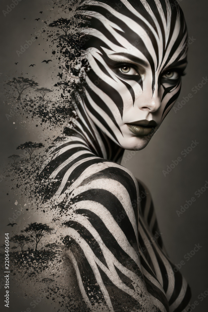 Fototapeta premium Zebra Woman Dissolving into African Savanna Conceptual Portrait