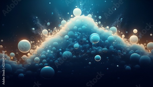 ascending cloud of bubbles and mist with dark periphery and specks of light