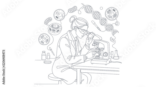 Scientist Using Microscope Line Art Illustration