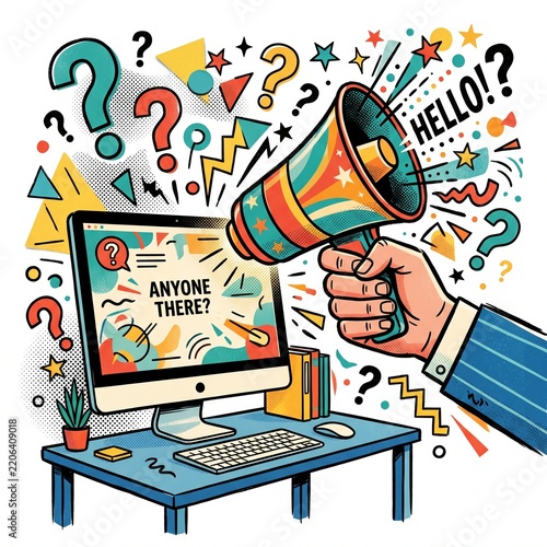 Hand holding megaphone shouting Anyone there at colorful computer with question marks